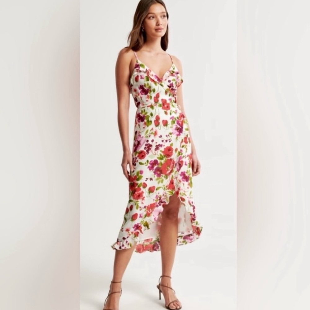 EUC Abercrombie & Fitch Ruffle Wrap Midi Dress in Pink Floral & Berries XS P